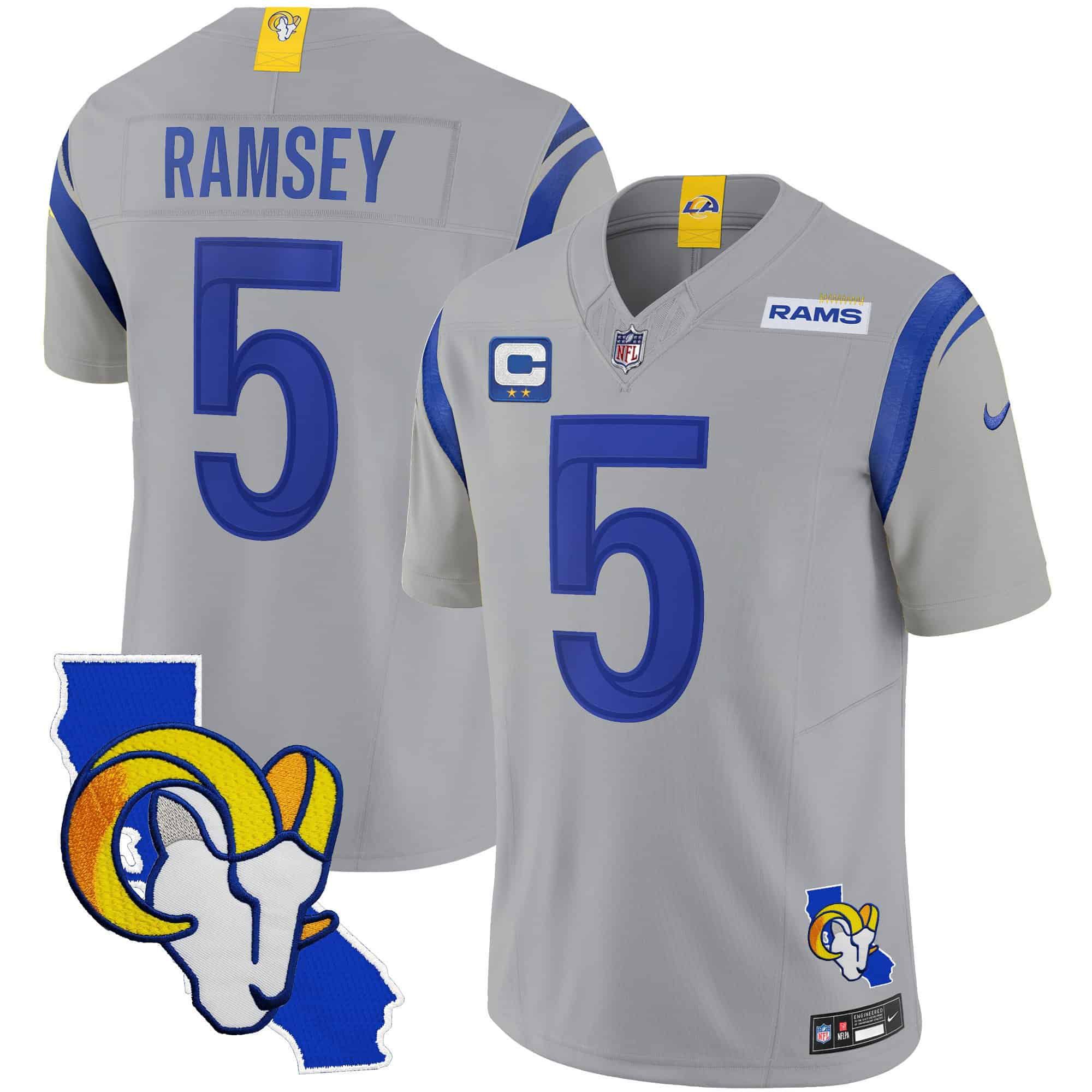 Men Los Angeles Rams 5 Ramsey Grey 2024 Nike California Patch Vapor Limited NFL Jersey style 1